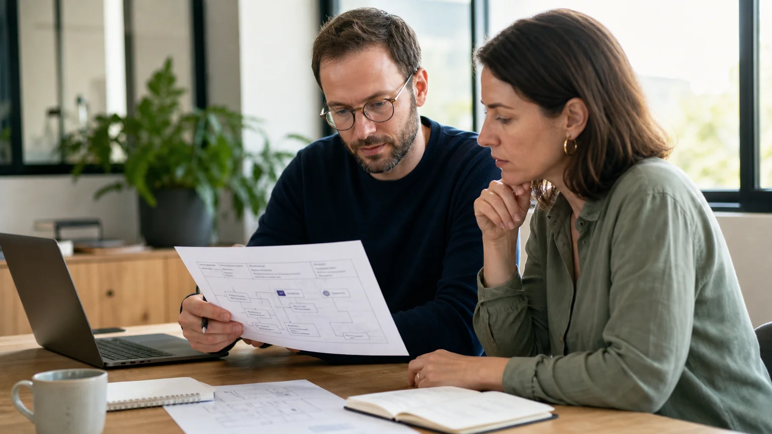 Deux professionnels analysent un processus métier pour préparer un projet IA