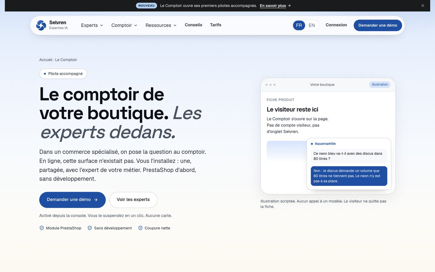 Page Le Comptoir : le visiteur reste sur la fiche, l'expert aquariophilie refuse un discus dans 80 litres.