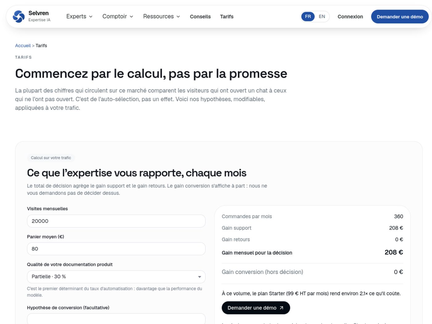 Calculateur tarifaire Selvren : visites, panier moyen, gain support, sans promesse de conversion.