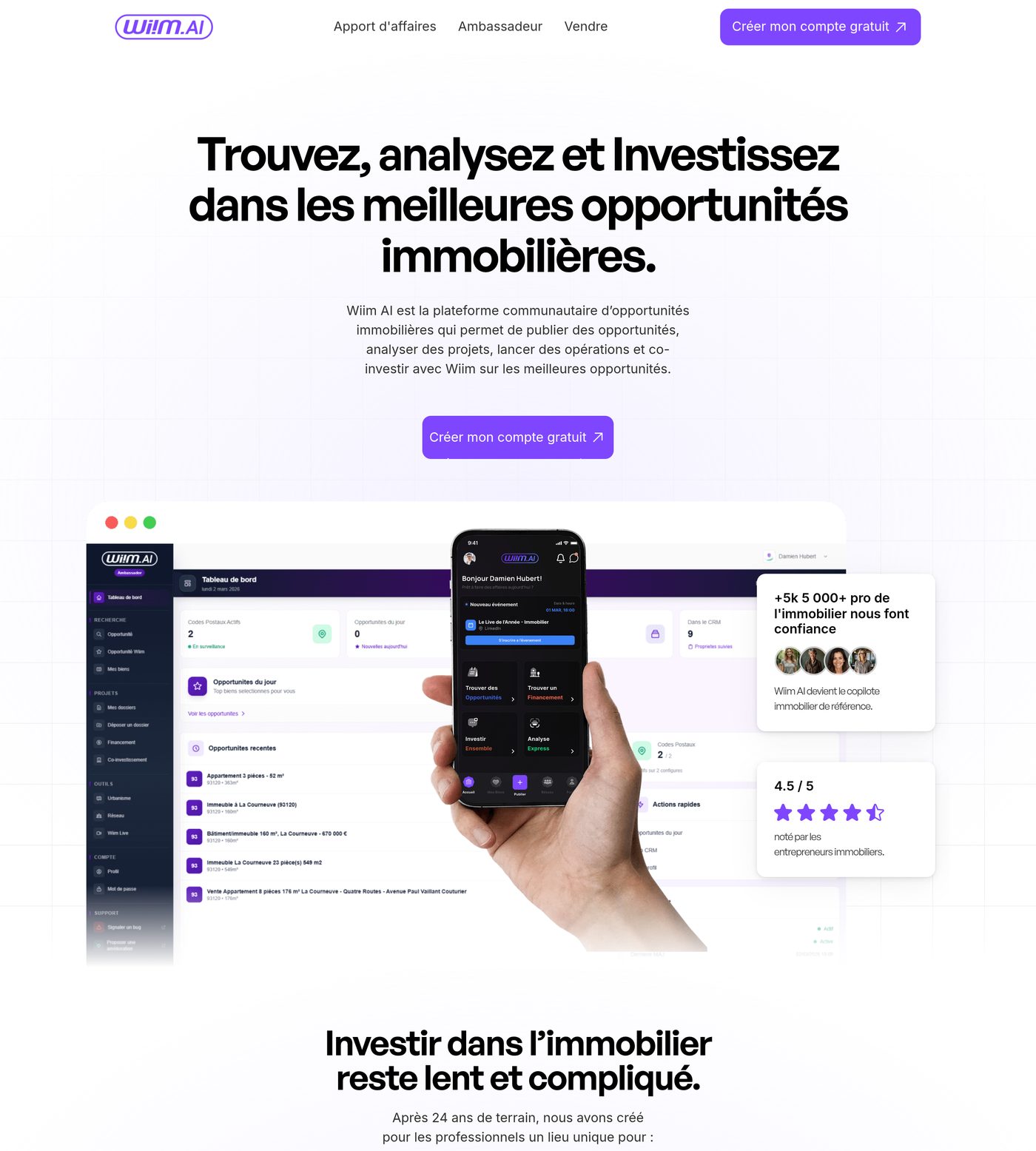Landing complète WiiM avec mockup desktop du tableau de bord, téléphone et preuve sociale.