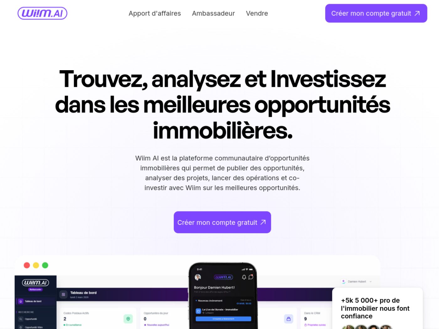 Landing WiiM.AI : Trouvez, analysez et investissez, avec aperçu du tableau de bord et de l'app mobile.